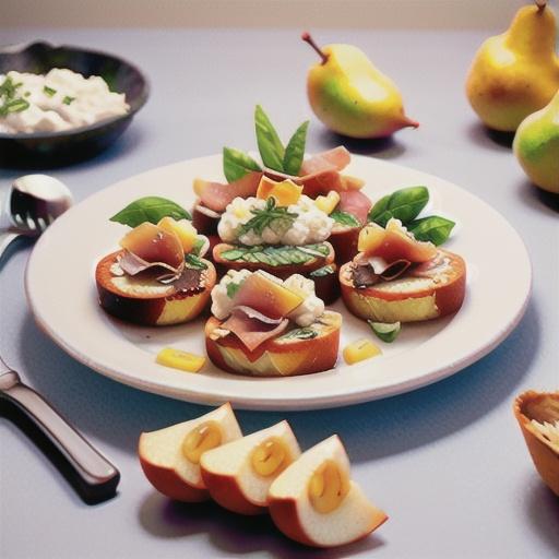 Bruschetta with ricotta, pear and prosciutto