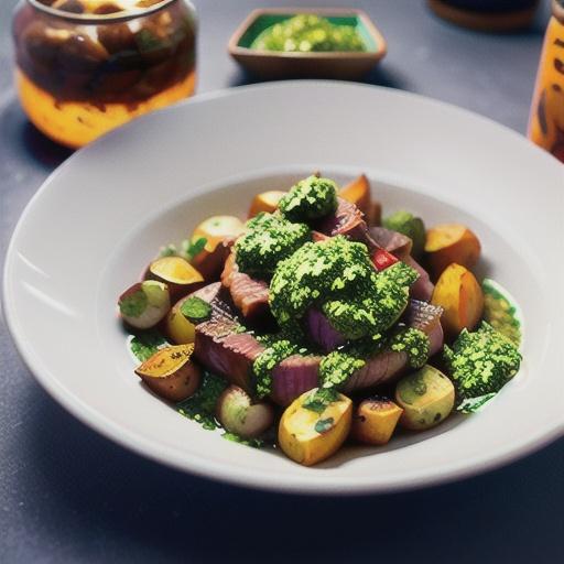 Chimichurri beef with spicy sweet potato chips