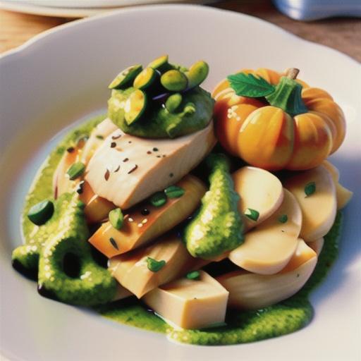 Apricot chicken with pumpkin pesto mash