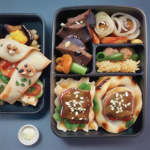 Teriyaki beef and gyoza bento box