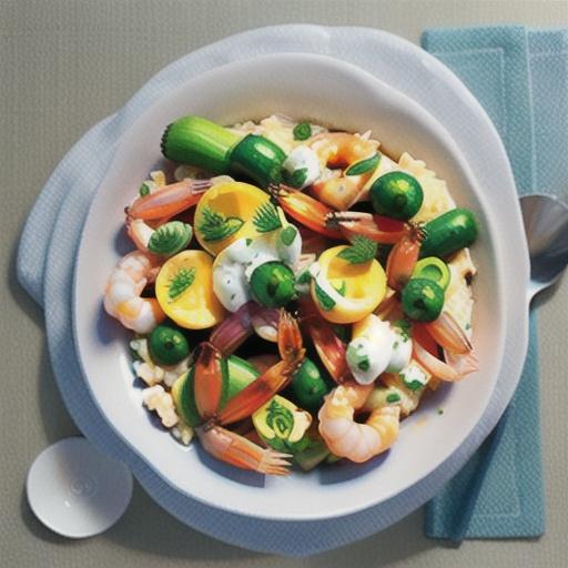 Spring vegetable and prawn risotto with lemon and dill oil