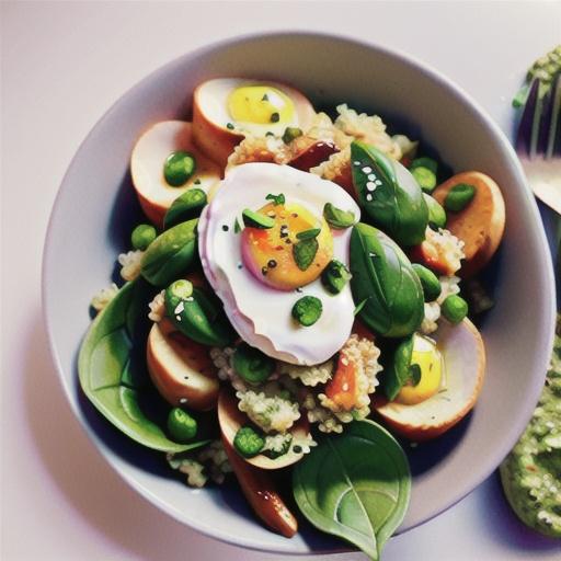Green lentil and quinoa salad with poached eggs and basil pesto