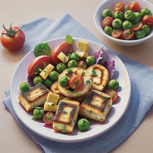 Haloumi and pea fritters with tomato salad