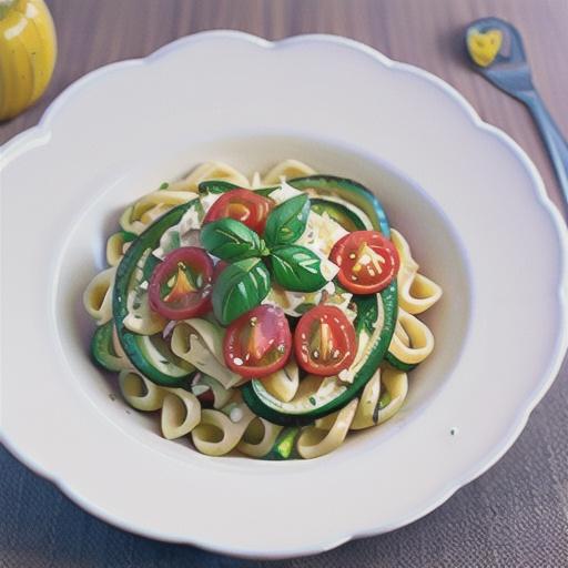Pasta with zucchini flowers, grape tomatoes and pecorino