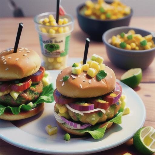 Mexican chicken burgers with corn salsa and lime aioli