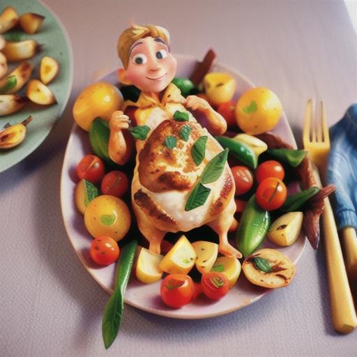 Roast chicken with potato, roasted tomato and zucchini