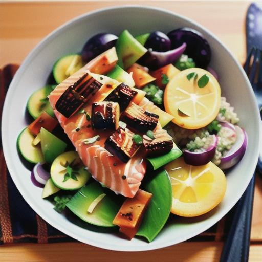 Quinoa salad with salmon and miso dressing