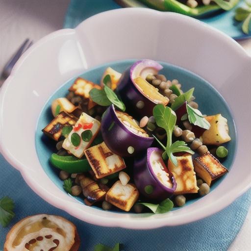 Sweet eggplant and lentil salad with haloumi