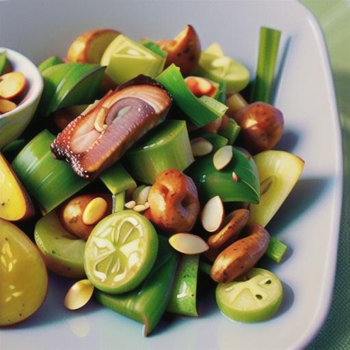 Spring onion, potato and trout salad with almond salsa verde