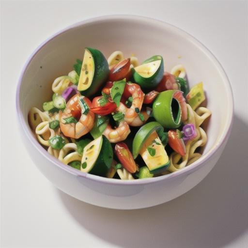 Prawn, avocado and baby roma truss tomato pasta salad