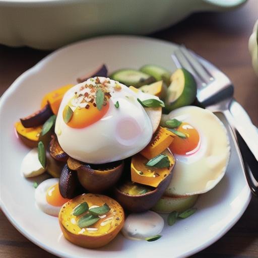 Mum's poached eggs with butternut pumpkin hash and goat cheese