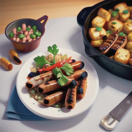 Grilled beef sausages with homemade baked beans