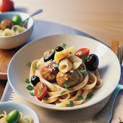 Fettuccine with salmon polpette, tomatoes and olives