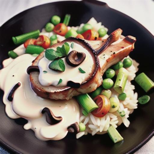Nikki's Pork Chops with a Mushroom Cream Sauce over White Jasmine Rice