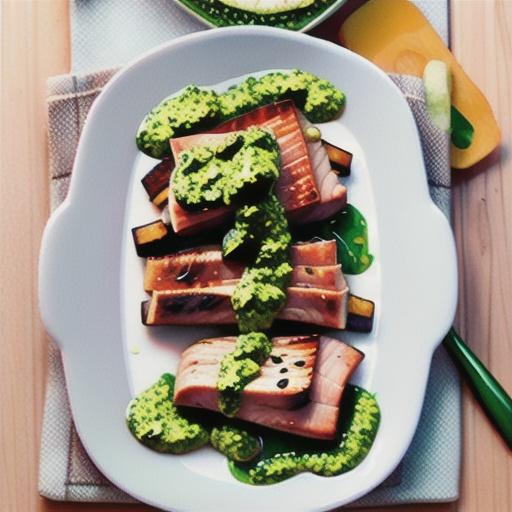 Grilled pork cutlets with rocket and almond pesto