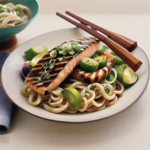 Teriyaki grilled salmon on soba noodle salad