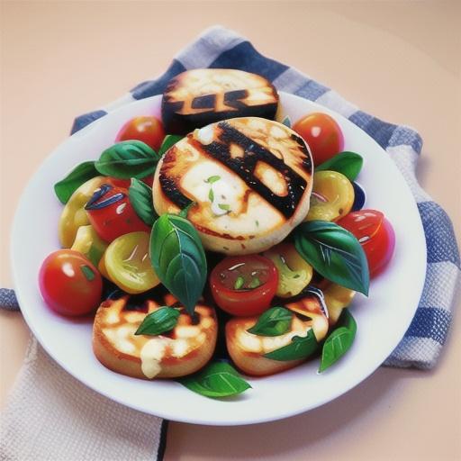 Pan-fried haloumi with tomato and basil salad and toasted olive bread