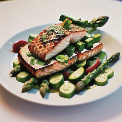 Cajun salmon on asparagus and cucumber salad