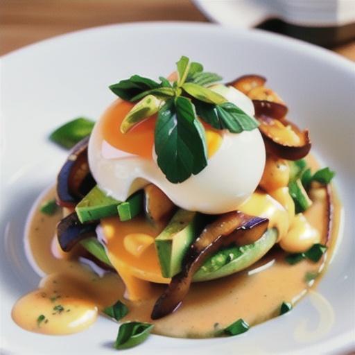 Poached eggs with coriander-lime sauce and avocado