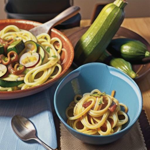 Spaghetti carbonara with zucchini and yellow squash