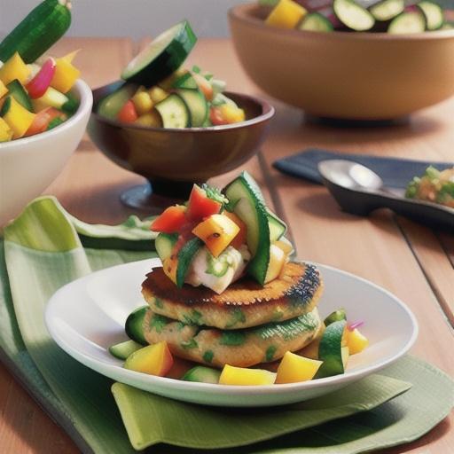 Asian-style crab cakes with mango chutney and cucumber
