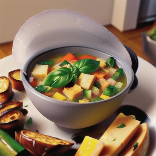 Chicken-vegetable soup with cheesy basil croutons