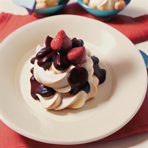 Warm chocolate meringues with cream and crushed raspberries