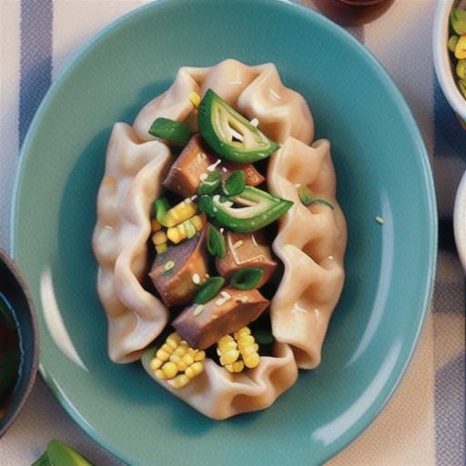 Pork dumplings with corn and ginger stir-fry