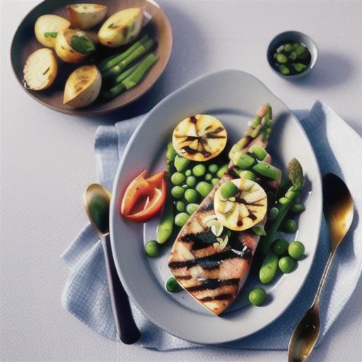Chargrilled salmon with potato, asparagus and snowpeas