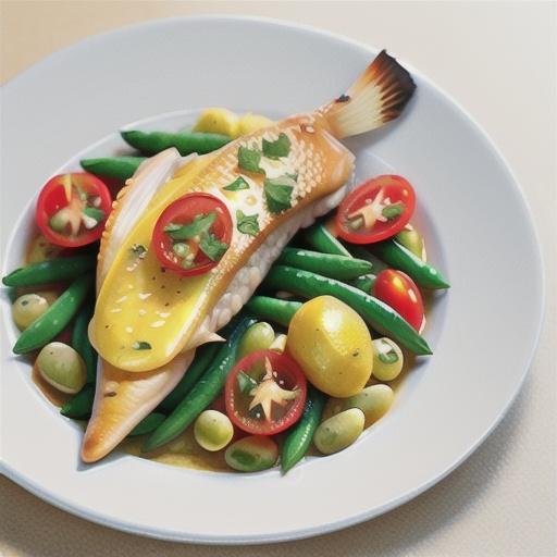 Lemon fish with sauteed beans and tomatoes