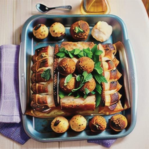 Cheat's roast pork tray bake with stuffing balls