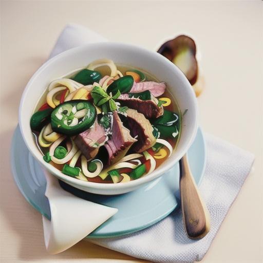 Roast beef fillet in shiitake mushroom and rice noodle broth